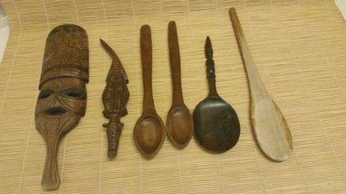 AFRICAN MASK, CROCODILE,  WOODEN SPOONS ASSORTED